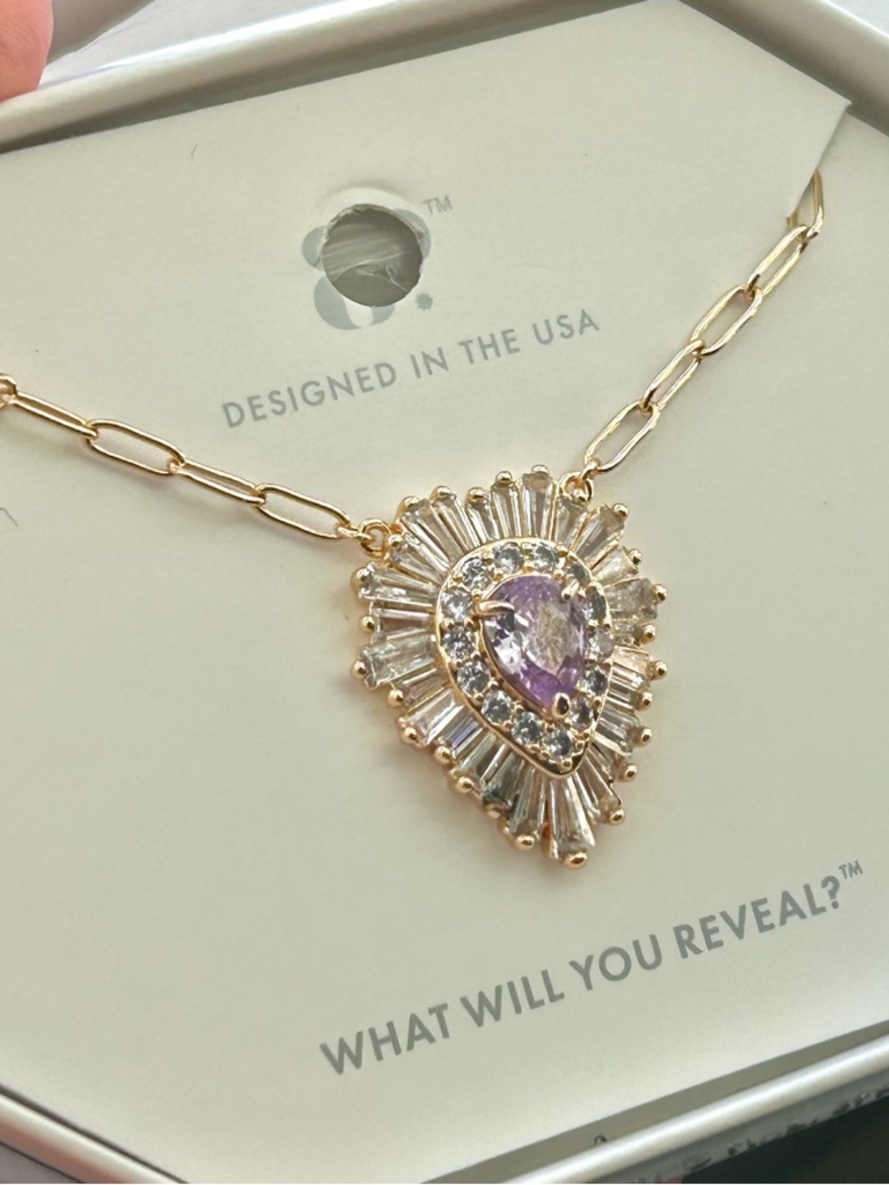 Gold Teardrop Pendant Necklace with Purple Stone
